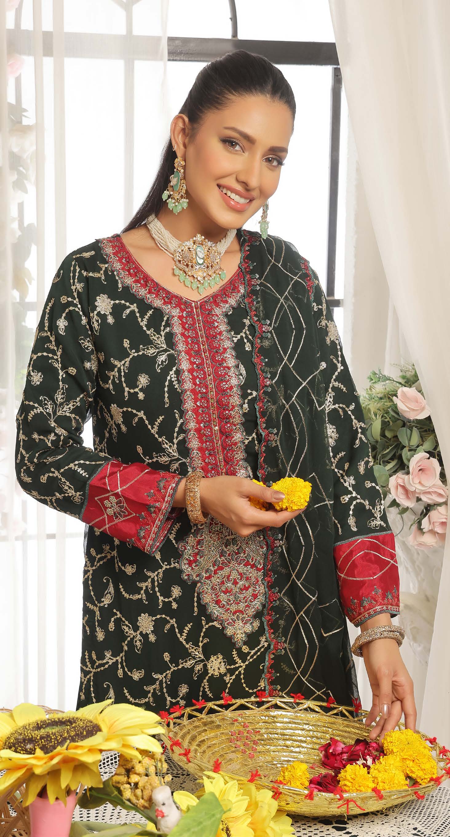 Pakistani Darshan by bin hameed unstitched three piece - Forest Crimson