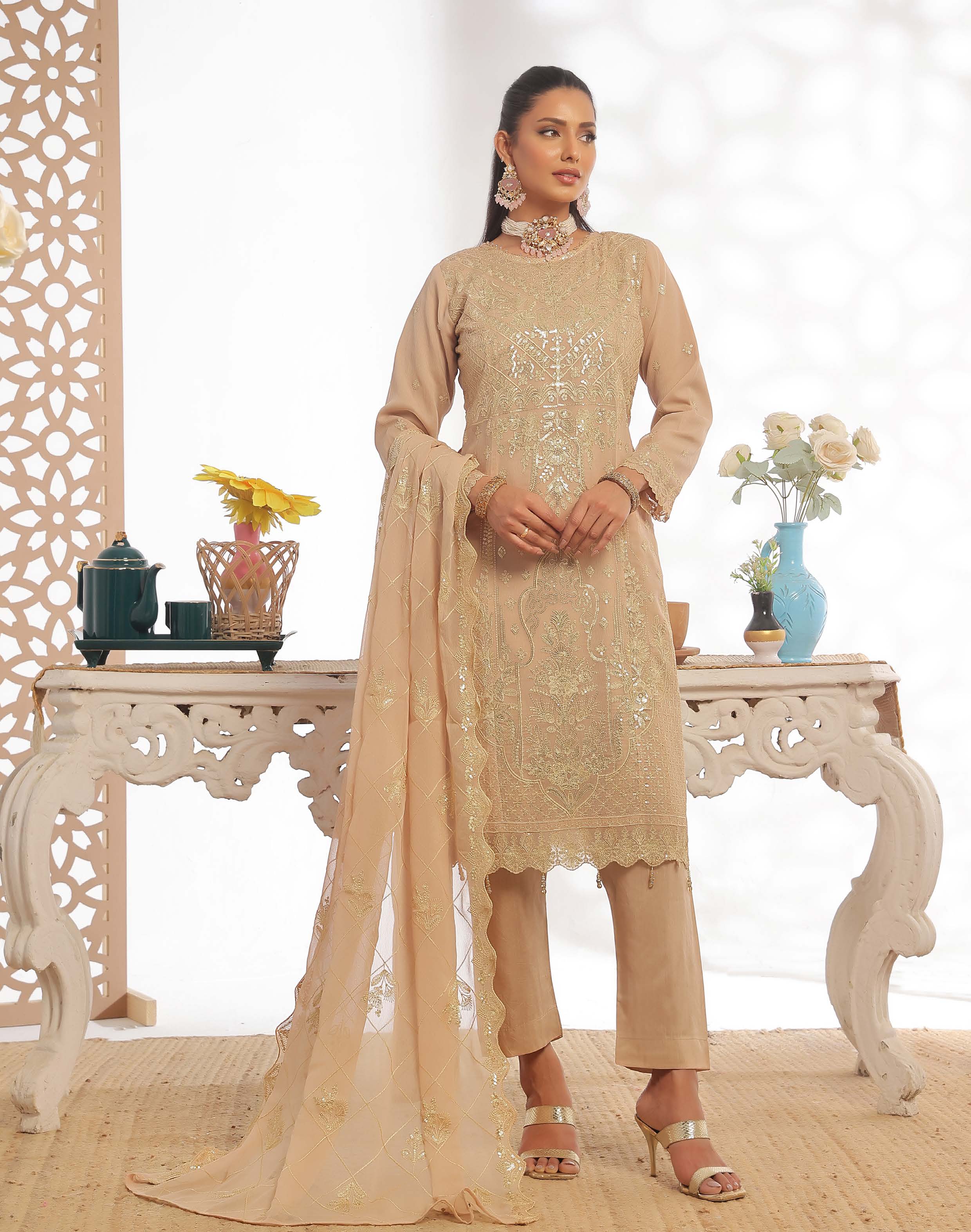 Pakistani Darshan by bin hameed unstitched three piece - Golden Sand