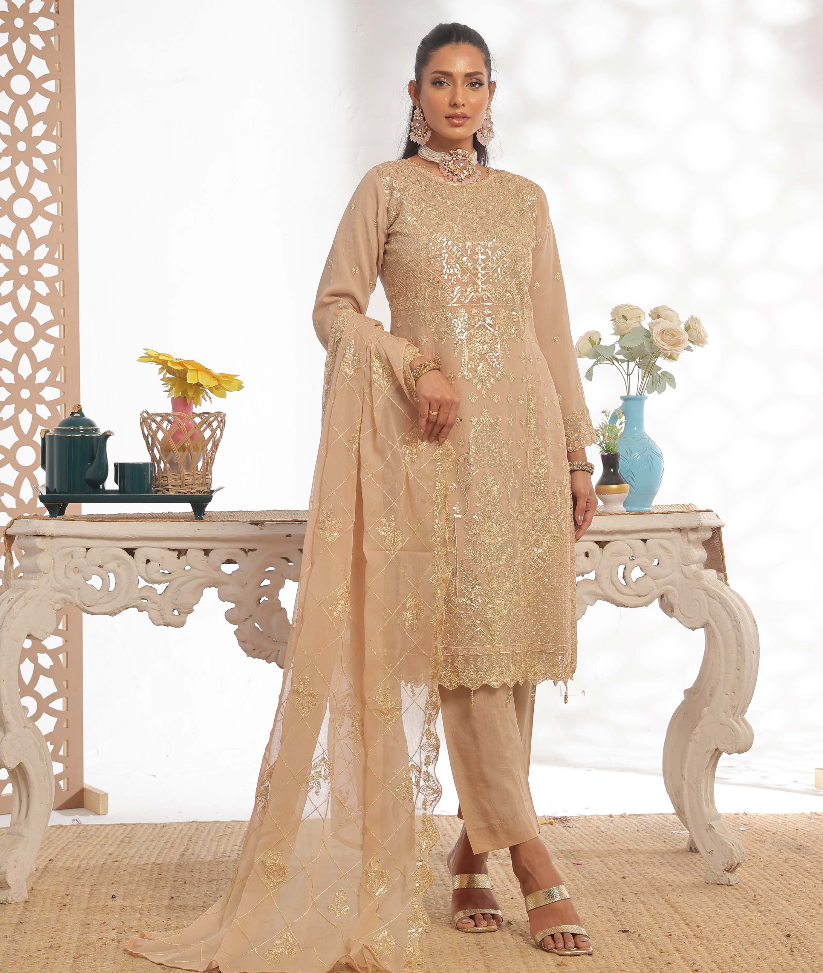 Pakistani Darshan by bin hameed unstitched three piece - Golden Sand