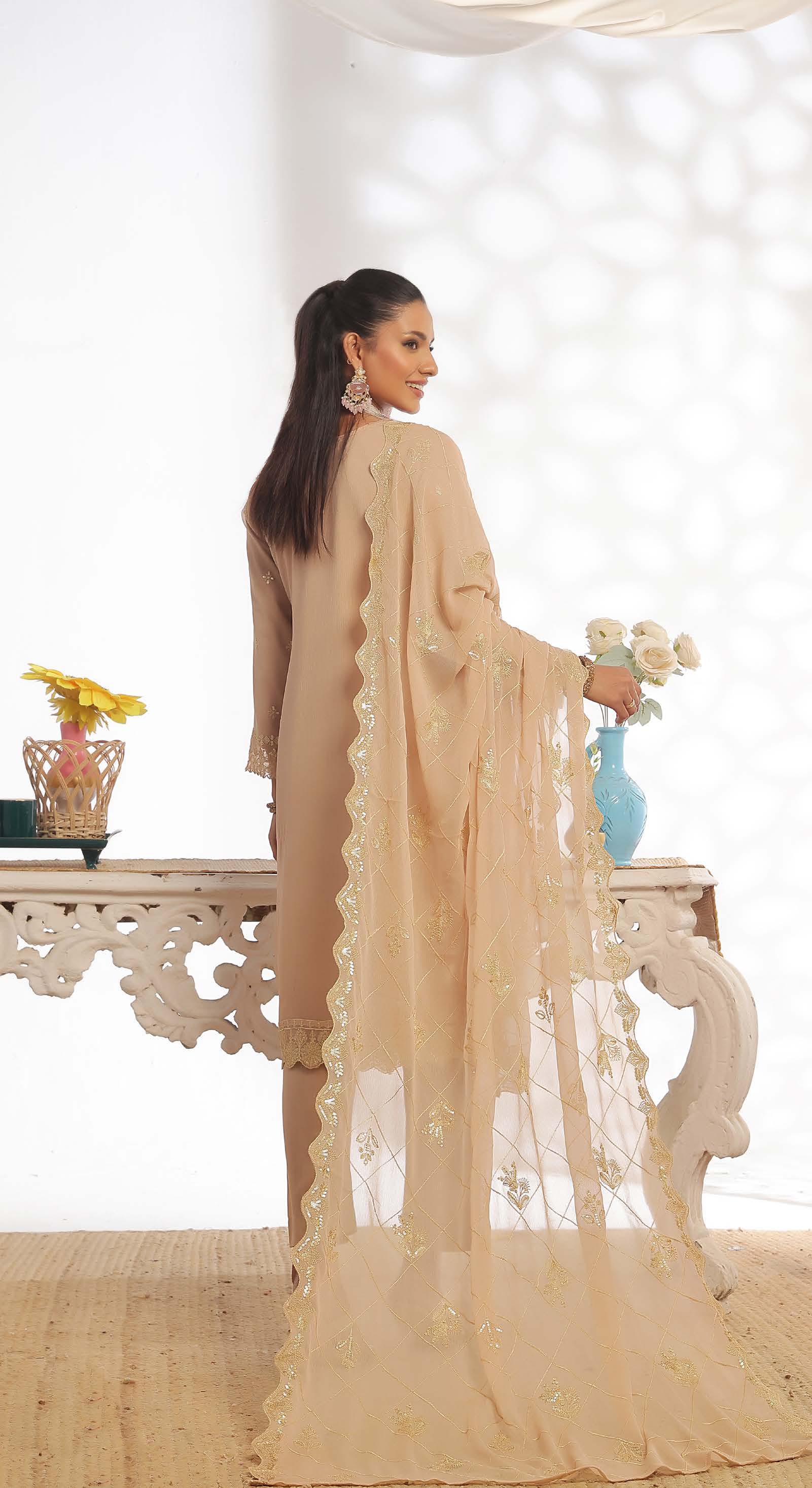 Pakistani Darshan by bin hameed unstitched three piece - Golden Sand