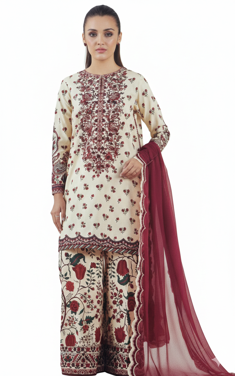 Pakistani Sapphire Floral Printed Embroidered Lawn Unstitched Three-Piece - Desert Bloom
