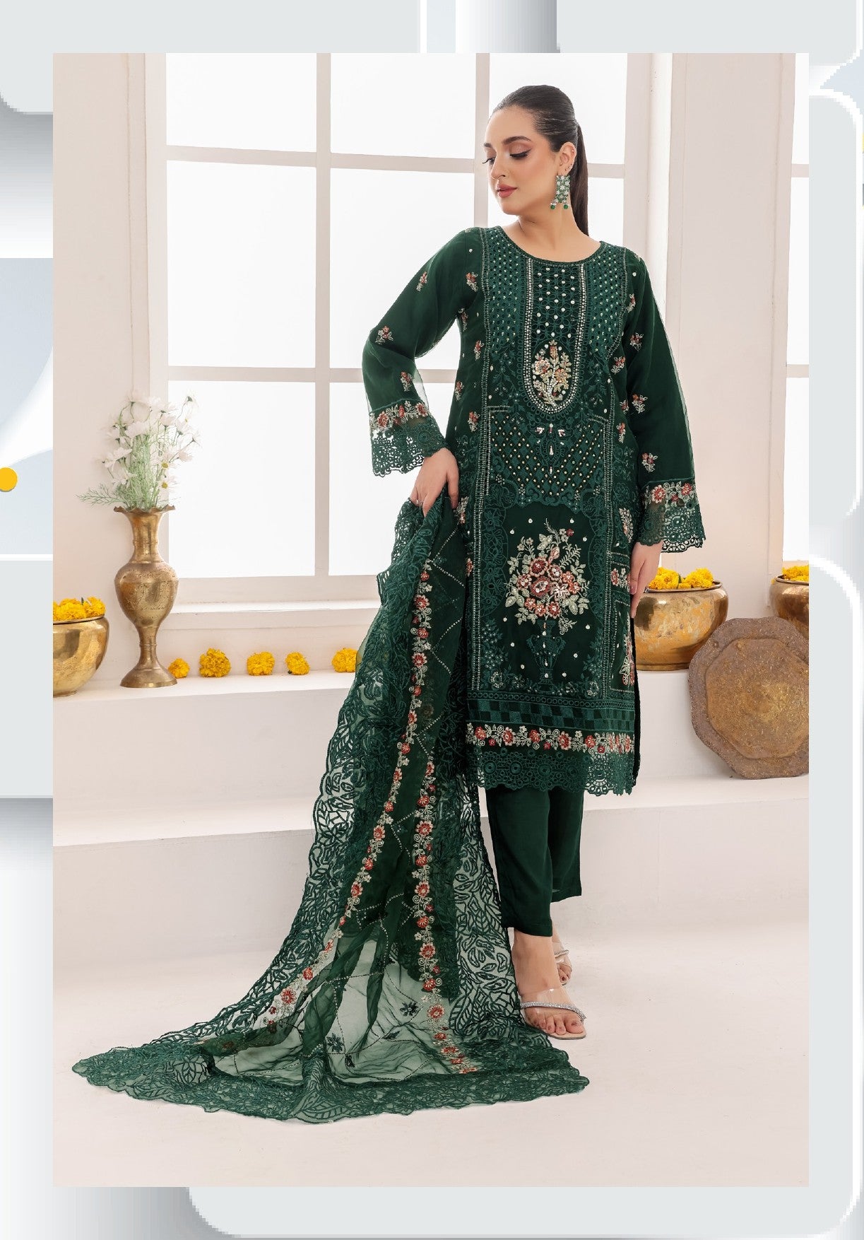 Pakistani Gul E Lila Organza Three Piece Bottle Green