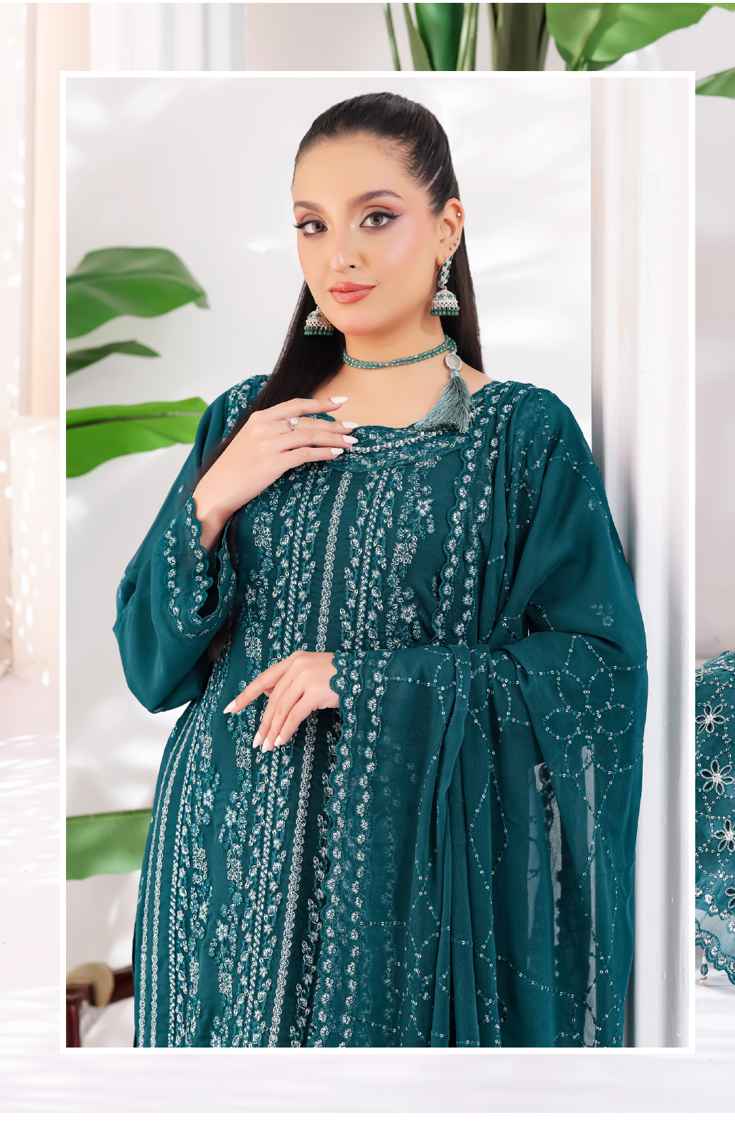 Pakistani Manisha By Bin Hameed Luxury Embroidered Chiffon Unstitched Three Piece – Teal Blue