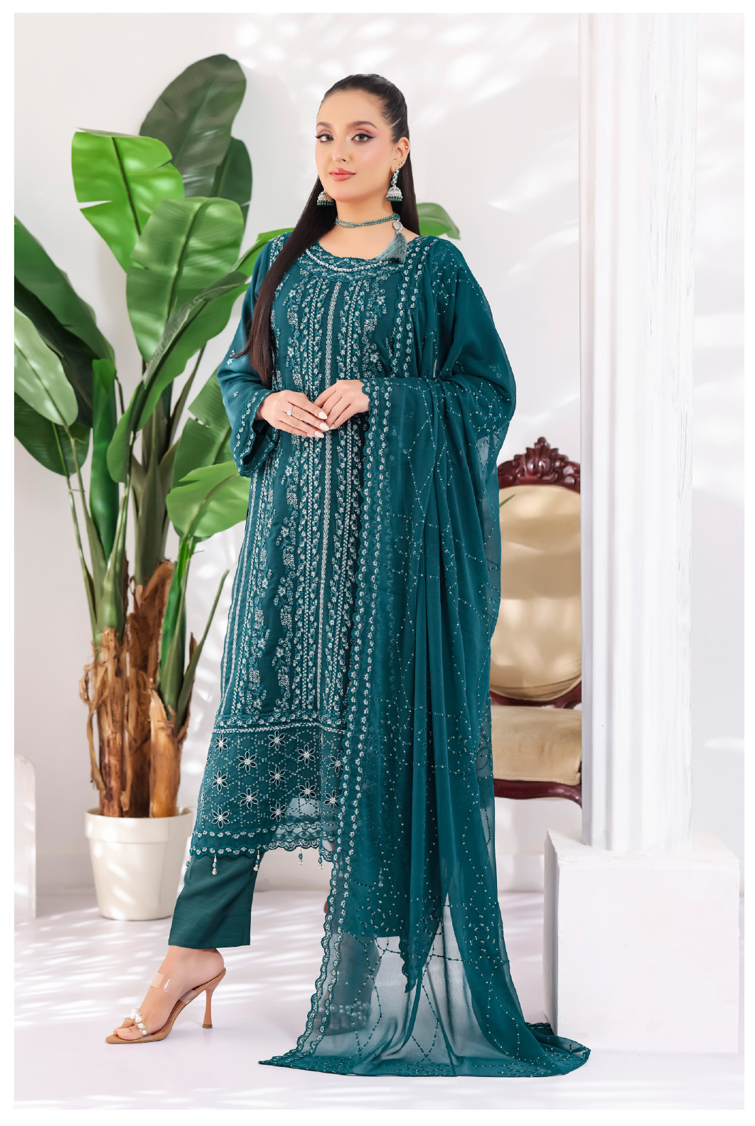 Pakistani Manisha By Bin Hameed Luxury Embroidered Chiffon Unstitched Three Piece – Teal Blue