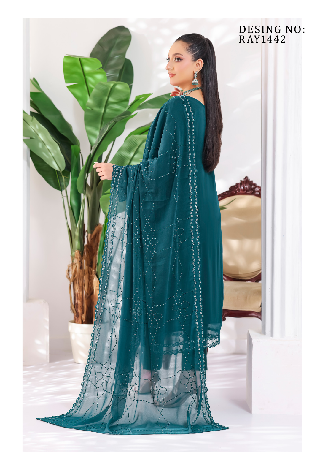 Pakistani Manisha By Bin Hameed Luxury Embroidered Chiffon Unstitched Three Piece – Teal Blue