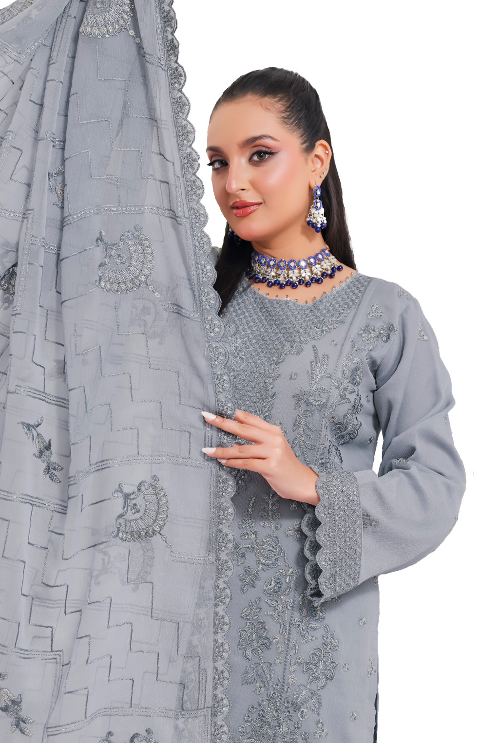 Pakistani Manisha By Bin Hameed Luxury Embroidered Chiffon Unstitched Three Piece – Slate Grey