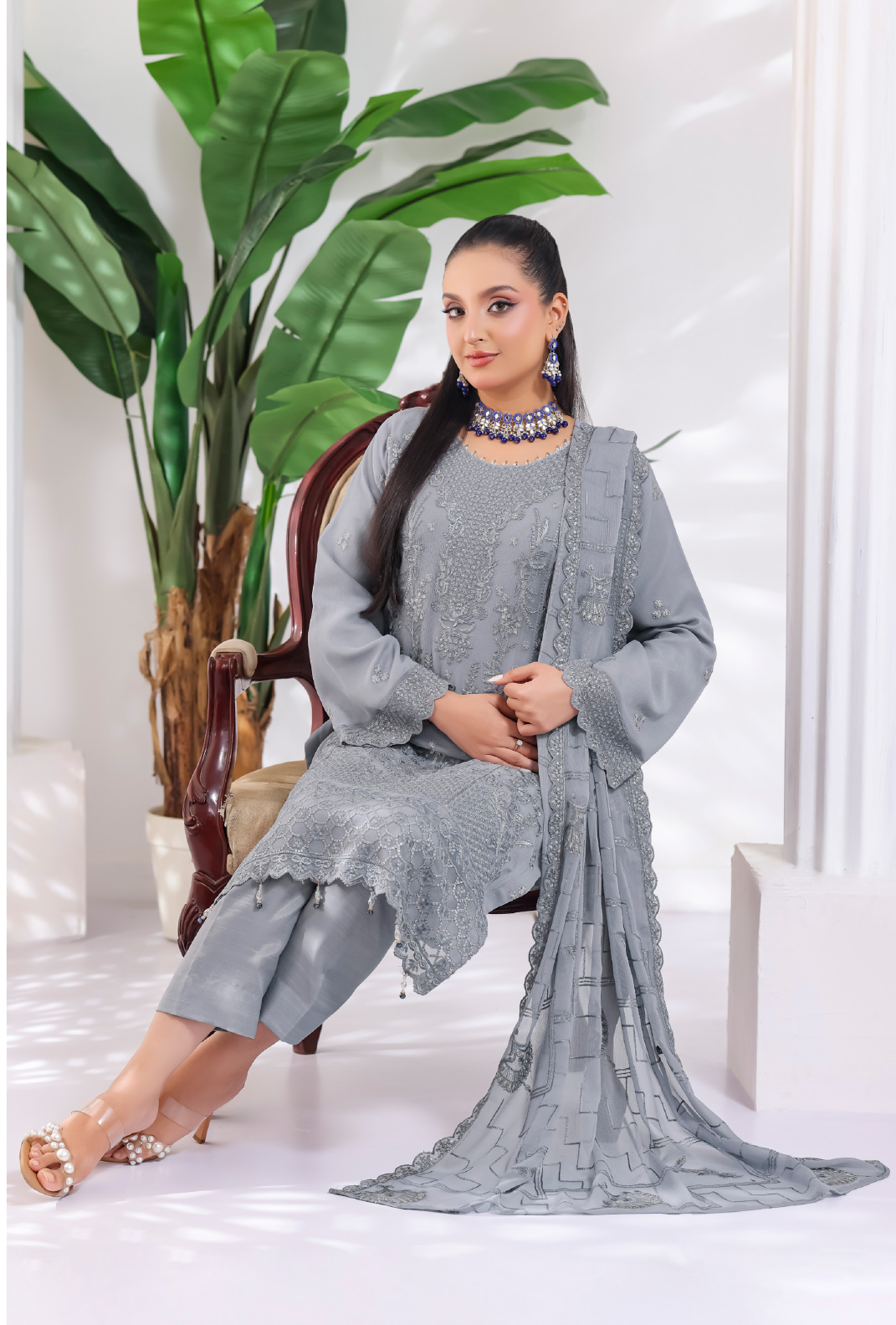 Pakistani Manisha By Bin Hameed Luxury Embroidered Chiffon Unstitched Three Piece – Slate Grey