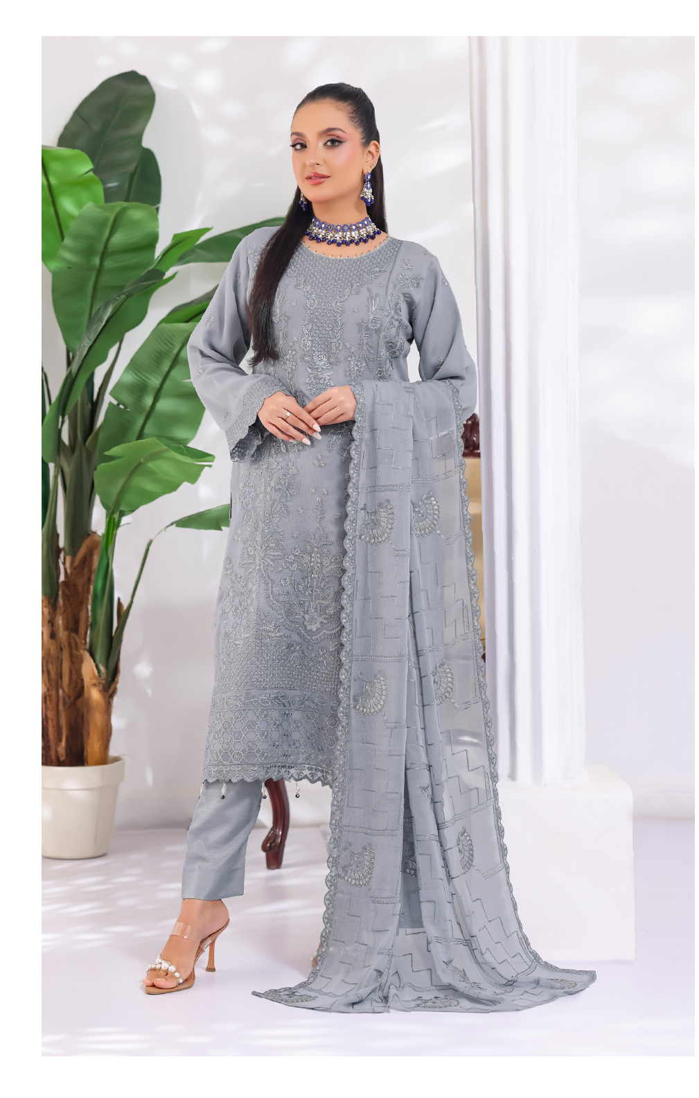 Pakistani Manisha By Bin Hameed Luxury Embroidered Chiffon Unstitched Three Piece – Slate Grey