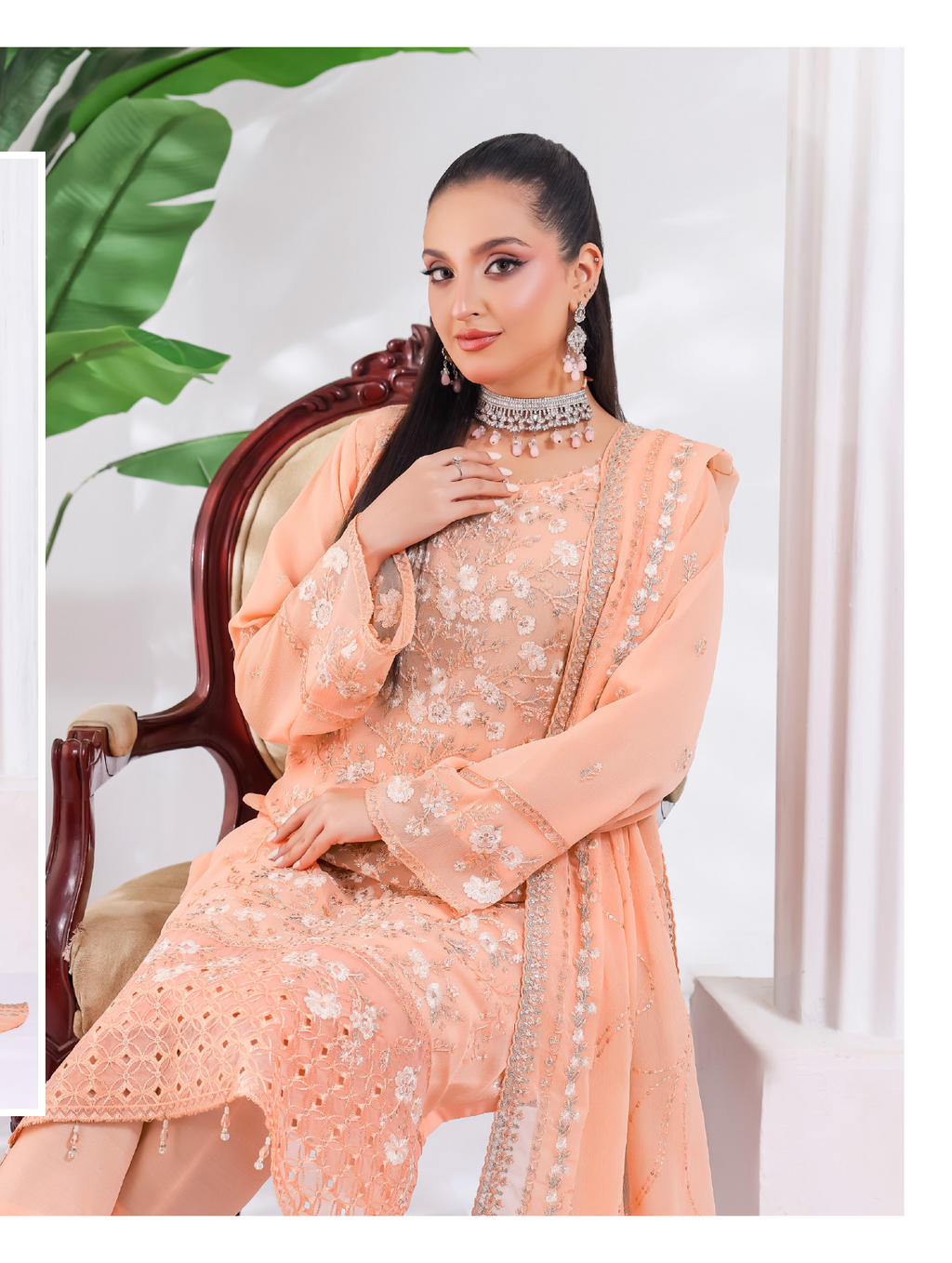 Pakistani Manisha By Bin Hameed Luxury Embroidered Chiffon Unstitched Three Piece – Peach Sorbet