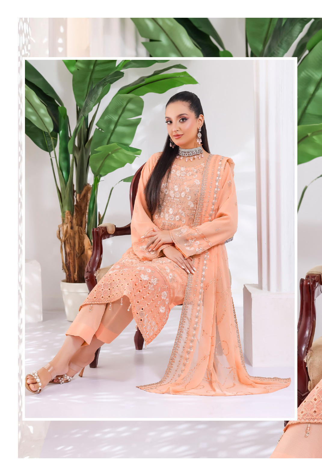 Pakistani Manisha By Bin Hameed Luxury Embroidered Chiffon Unstitched Three Piece – Peach Sorbet