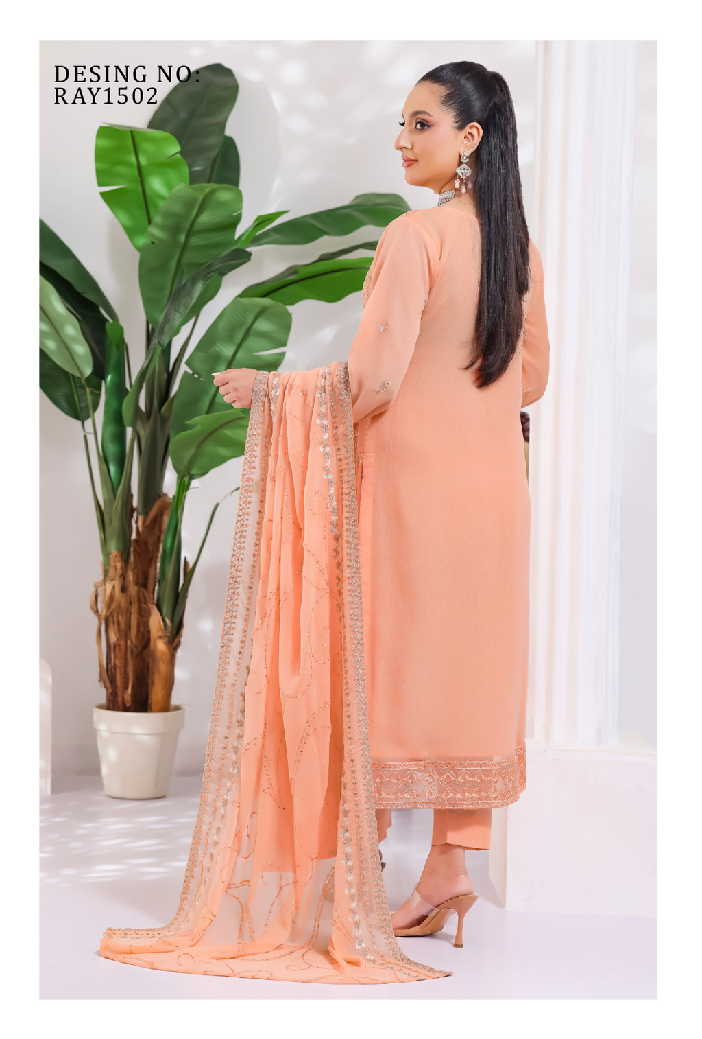 Pakistani Manisha By Bin Hameed Luxury Embroidered Chiffon Unstitched Three Piece – Peach Sorbet