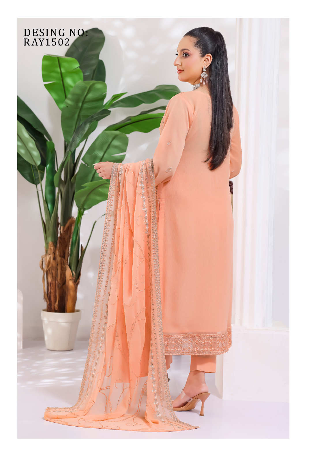 Pakistani Manisha By Bin Hameed Luxury Embroidered Chiffon Unstitched Three Piece – Peach Sorbet