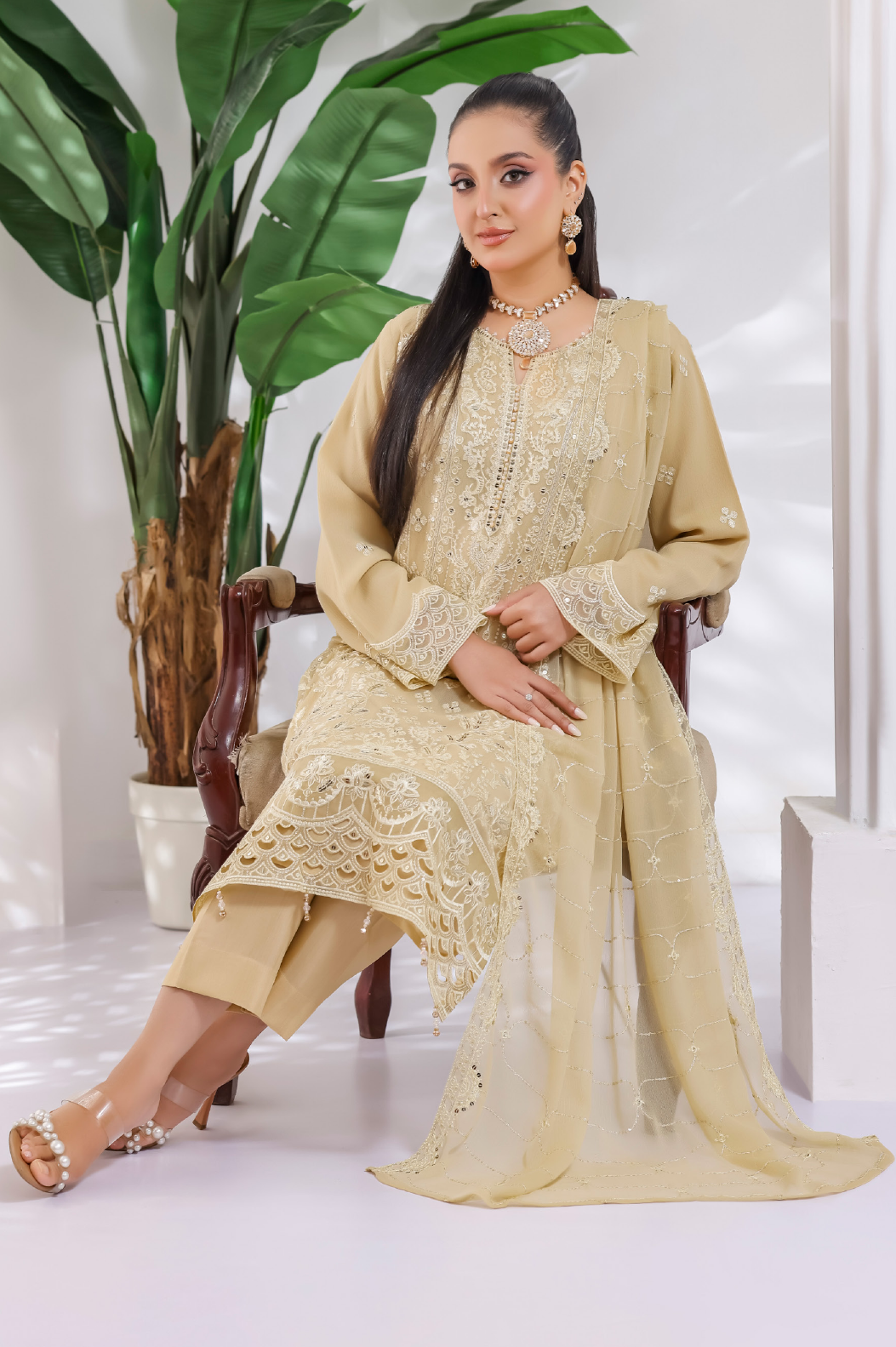 Pakistani Manisha By Bin Hameed Luxury Embroidered Chiffon Unstitched Three Piece – Beige Gold