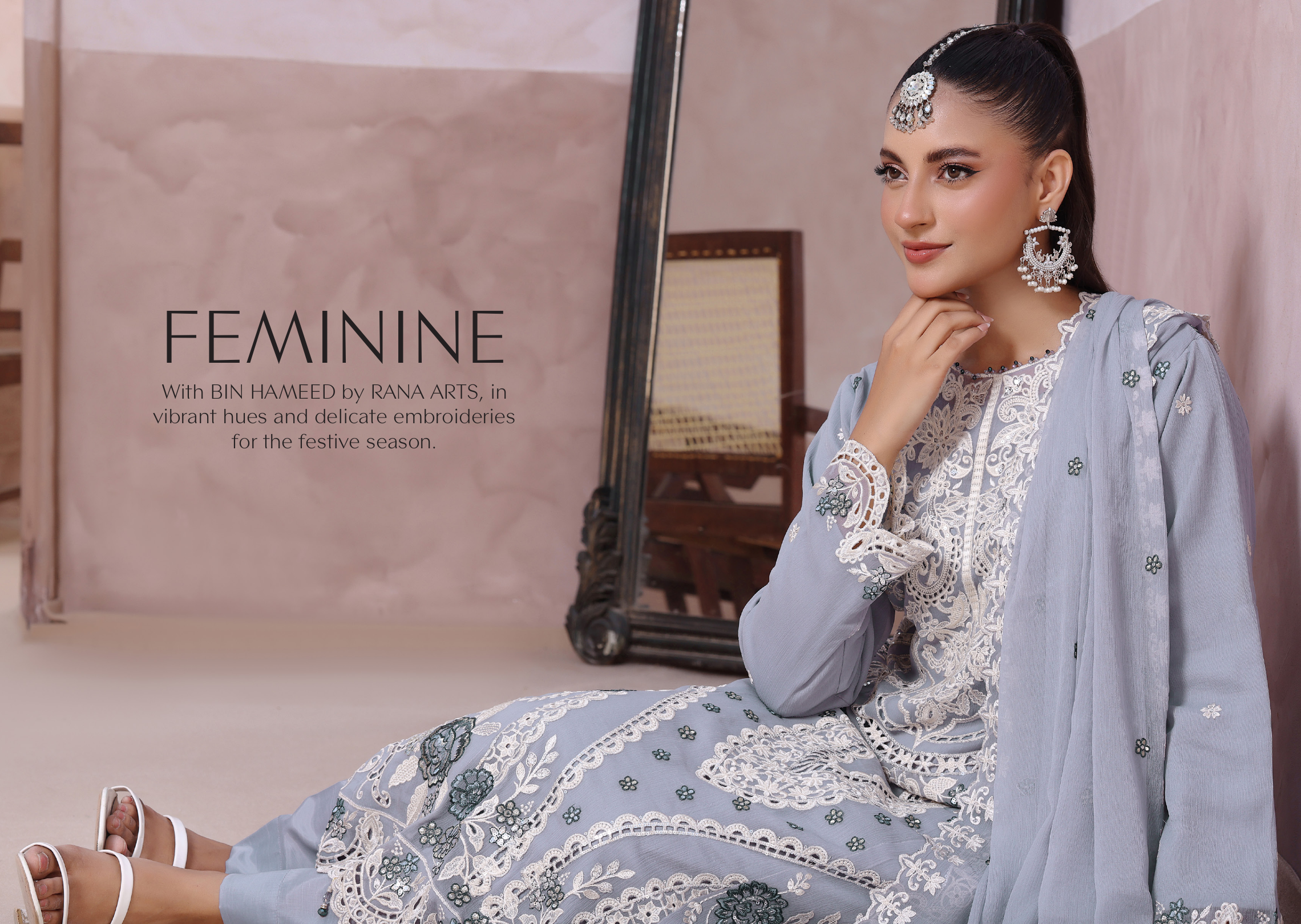 Pakistani Mahjabeen By Bin Hameed Shifoon Semi-Stitched Three Piece – Mist Grey