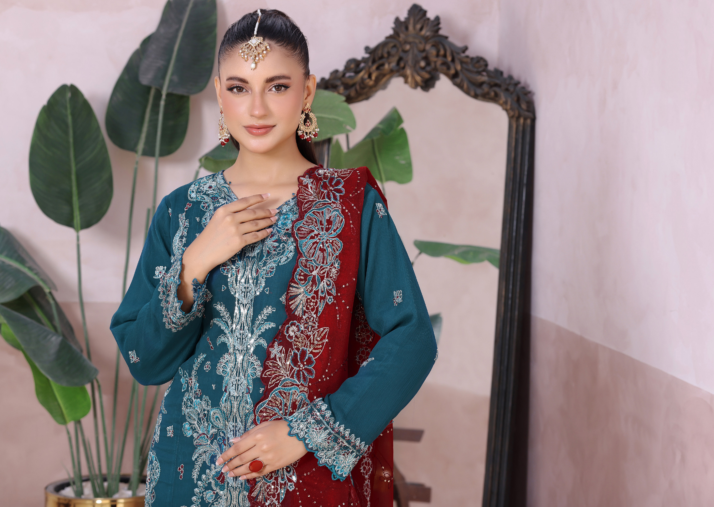 Pakistani Mahjabeen By Bin Hameed Shifoon Semi-Stitched Three Piece – Deep Teal & Maroon