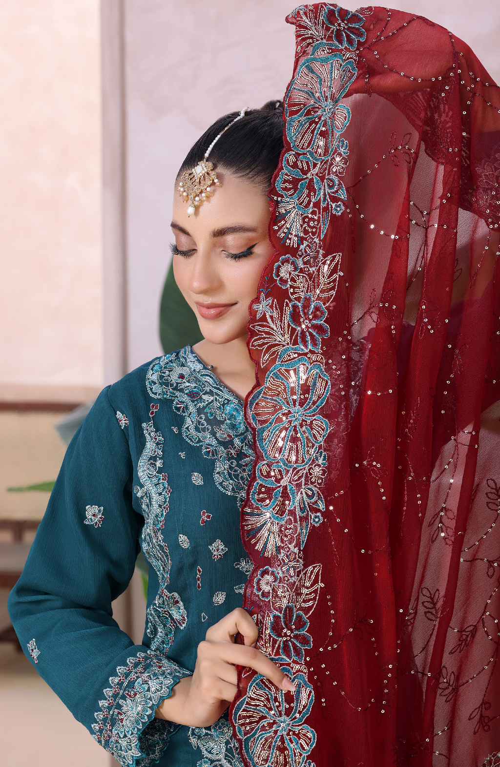 Pakistani Mahjabeen By Bin Hameed Shifoon Semi-Stitched Three Piece – Deep Teal & Maroon