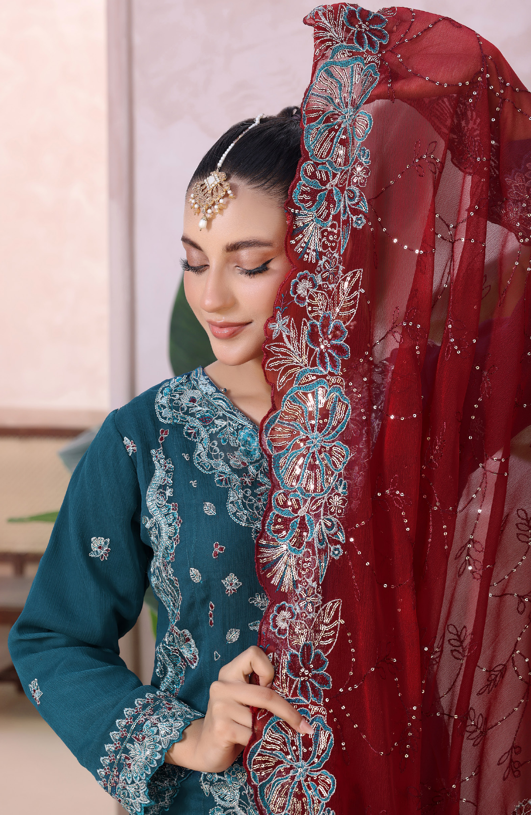 Pakistani Mahjabeen By Bin Hameed Shifoon Semi-Stitched Three Piece – Deep Teal & Maroon