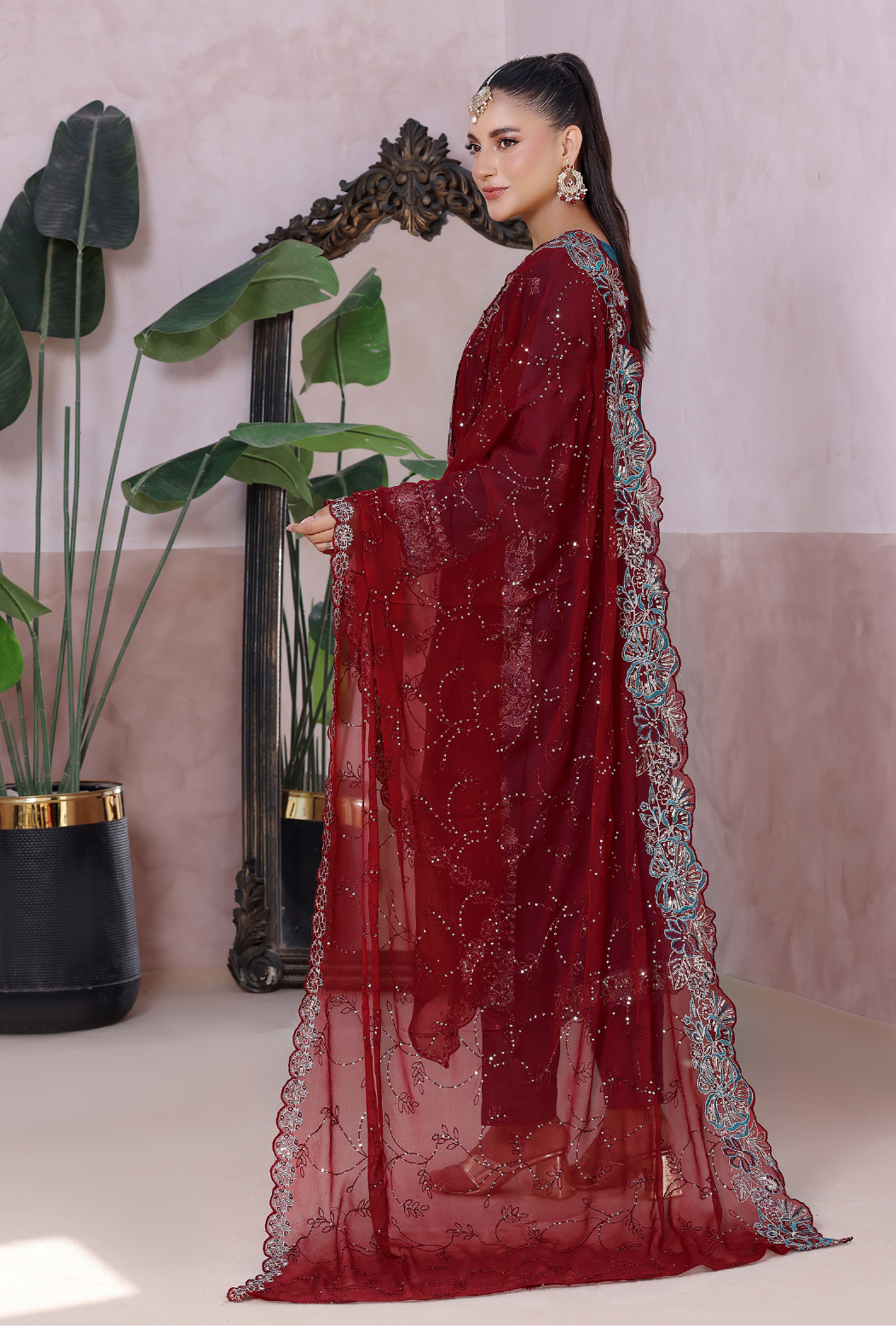 Pakistani Mahjabeen By Bin Hameed Shifoon Semi-Stitched Three Piece – Deep Teal & Maroon