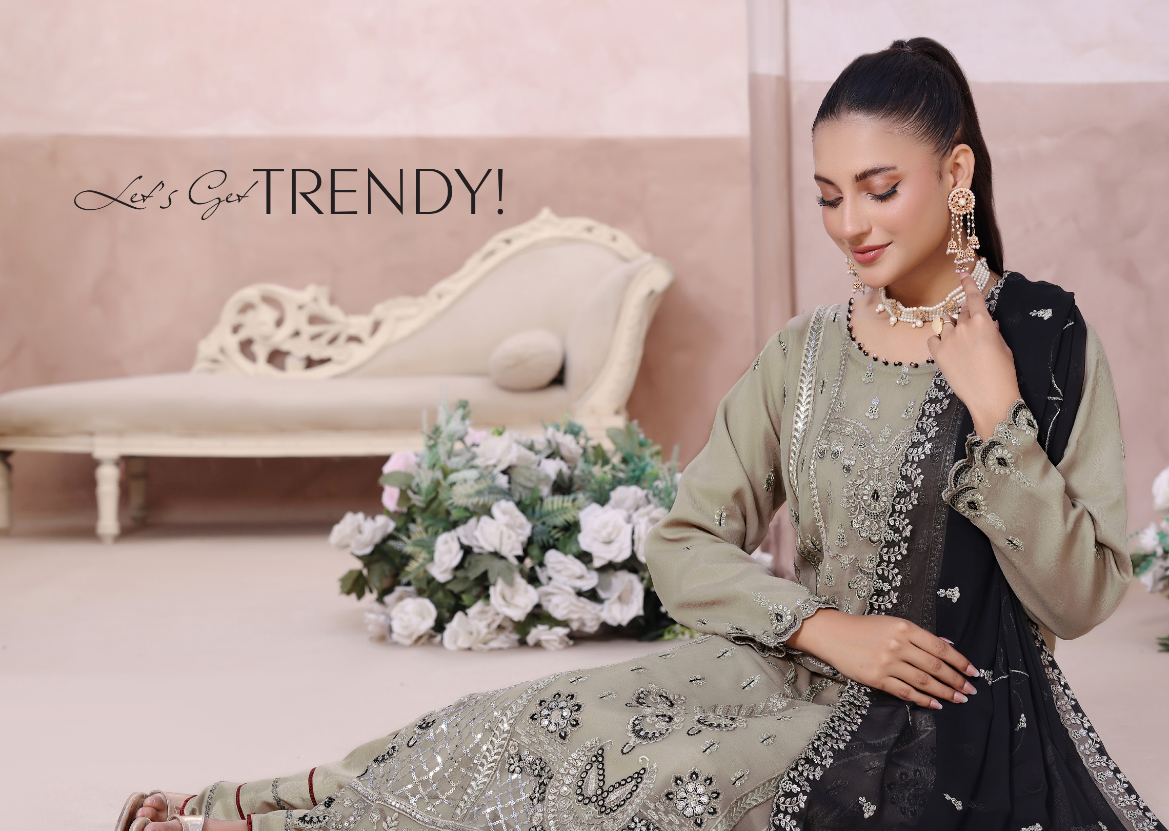 Pakistani Mahjabeen By Bin Hameed Shifoon Semi-Stitched Three Piece – Sage Green & Black