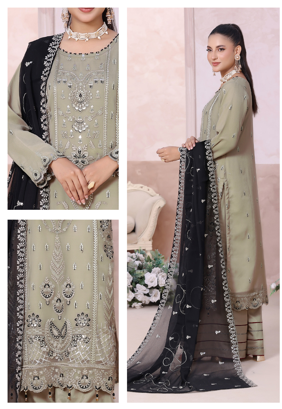 Pakistani Mahjabeen By Bin Hameed Shifoon Semi-Stitched Three Piece – Sage Green & Black