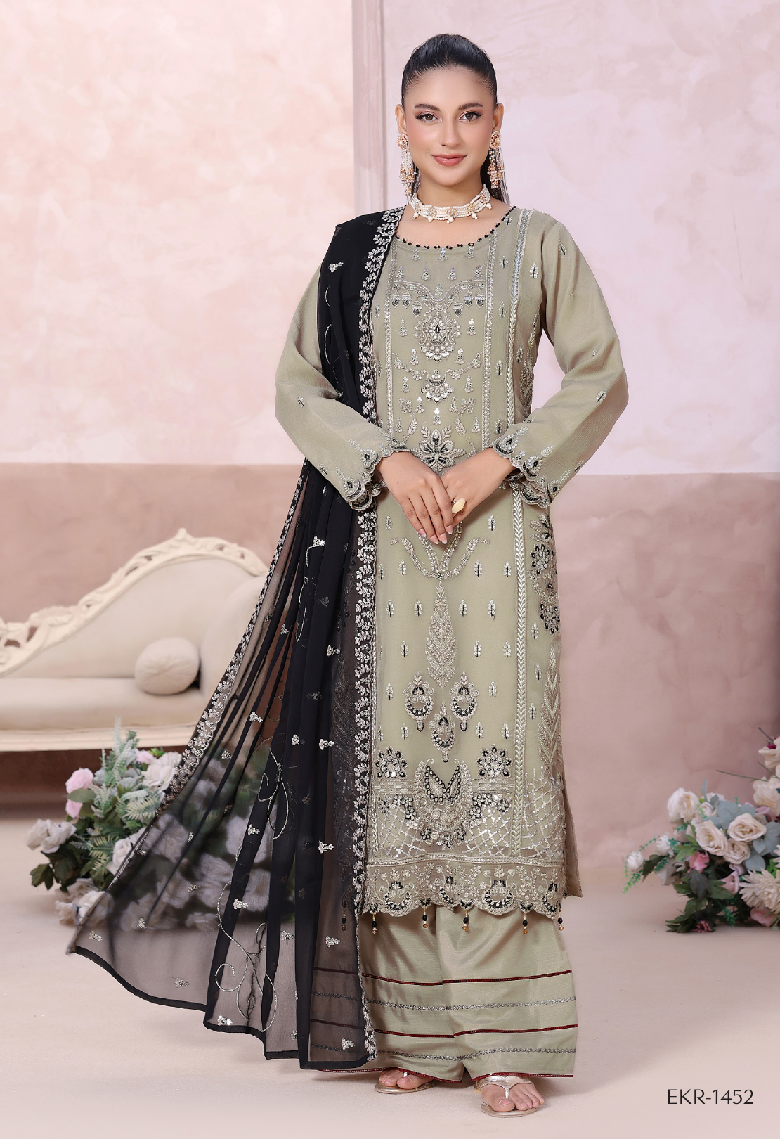 Pakistani Mahjabeen By Bin Hameed Shifoon Semi-Stitched Three Piece – Sage Green & Black