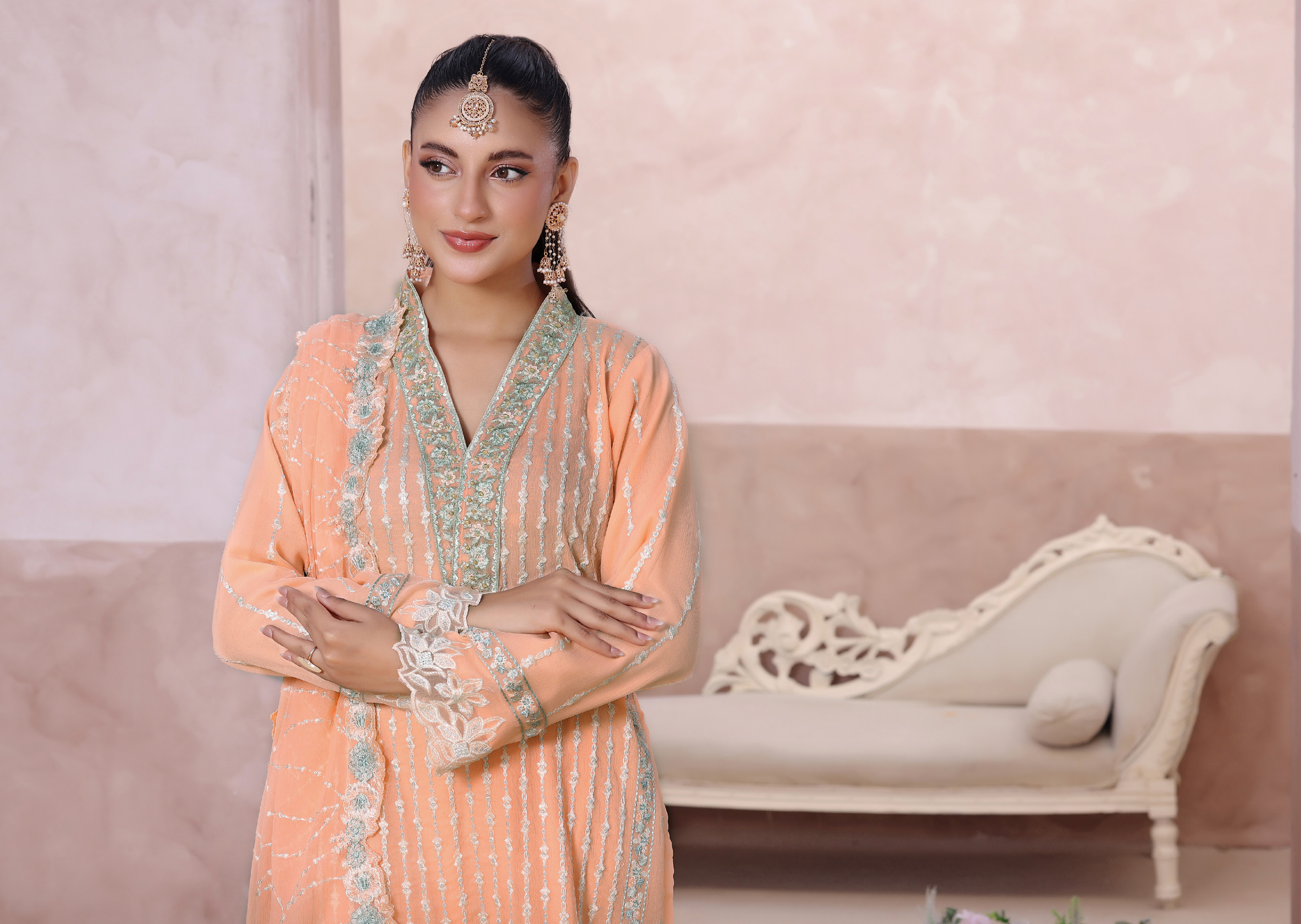 Pakistani Mahjabeen By Bin Hameed Shifoon Semi-Stitched Three Piece – Pastel Peach