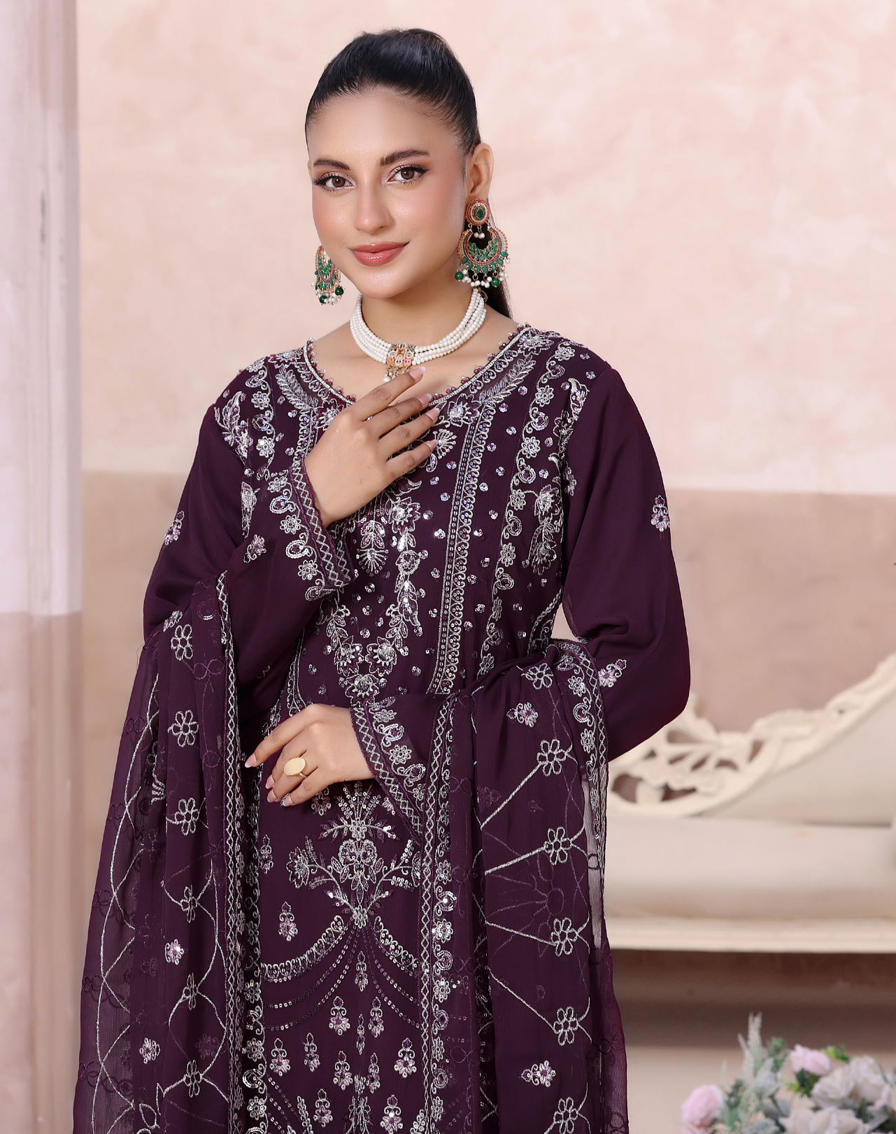 Pakistani Mahjabeen By Bin Hameed Shifoon Semi-Stitched Three Piece – Deep Plum