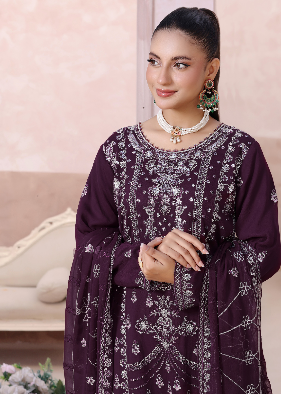 Pakistani Mahjabeen By Bin Hameed Shifoon Semi-Stitched Three Piece – Deep Plum