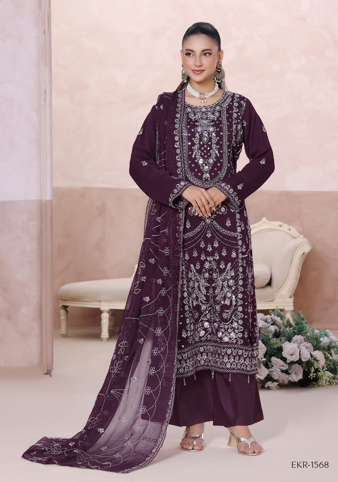 Pakistani Mahjabeen By Bin Hameed Shifoon Semi-Stitched Three Piece – Deep Plum