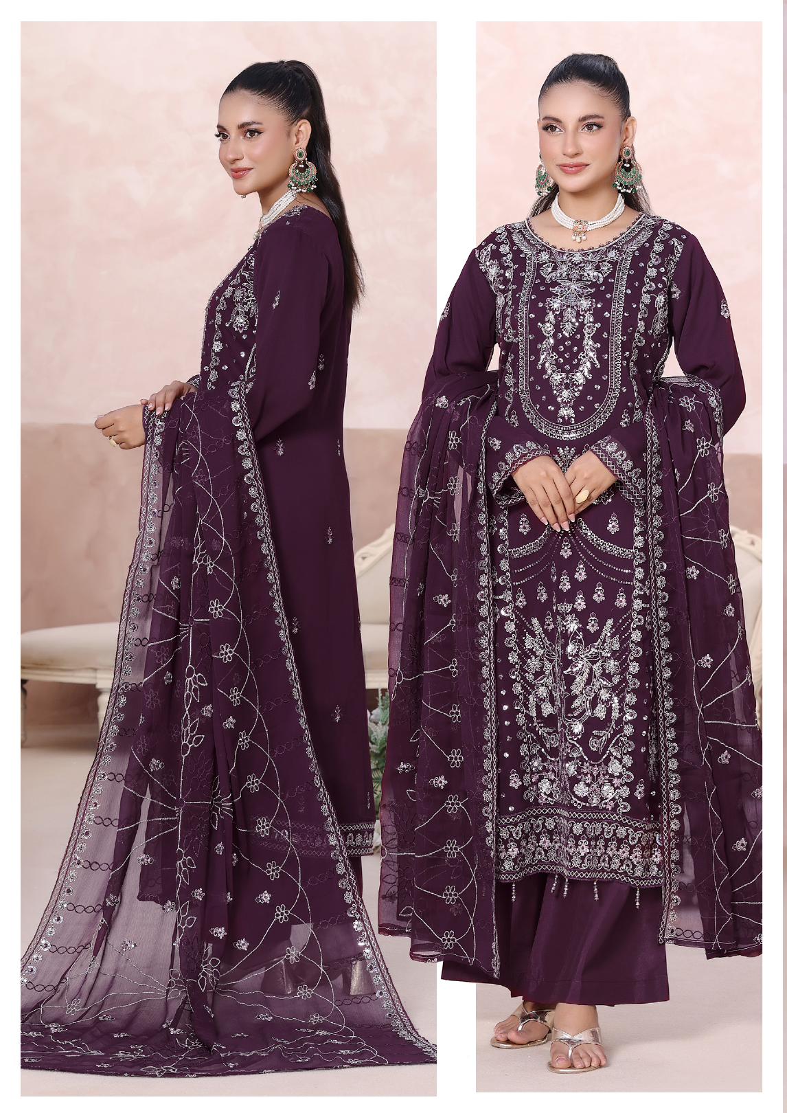 Pakistani Mahjabeen By Bin Hameed Shifoon Semi-Stitched Three Piece – Deep Plum