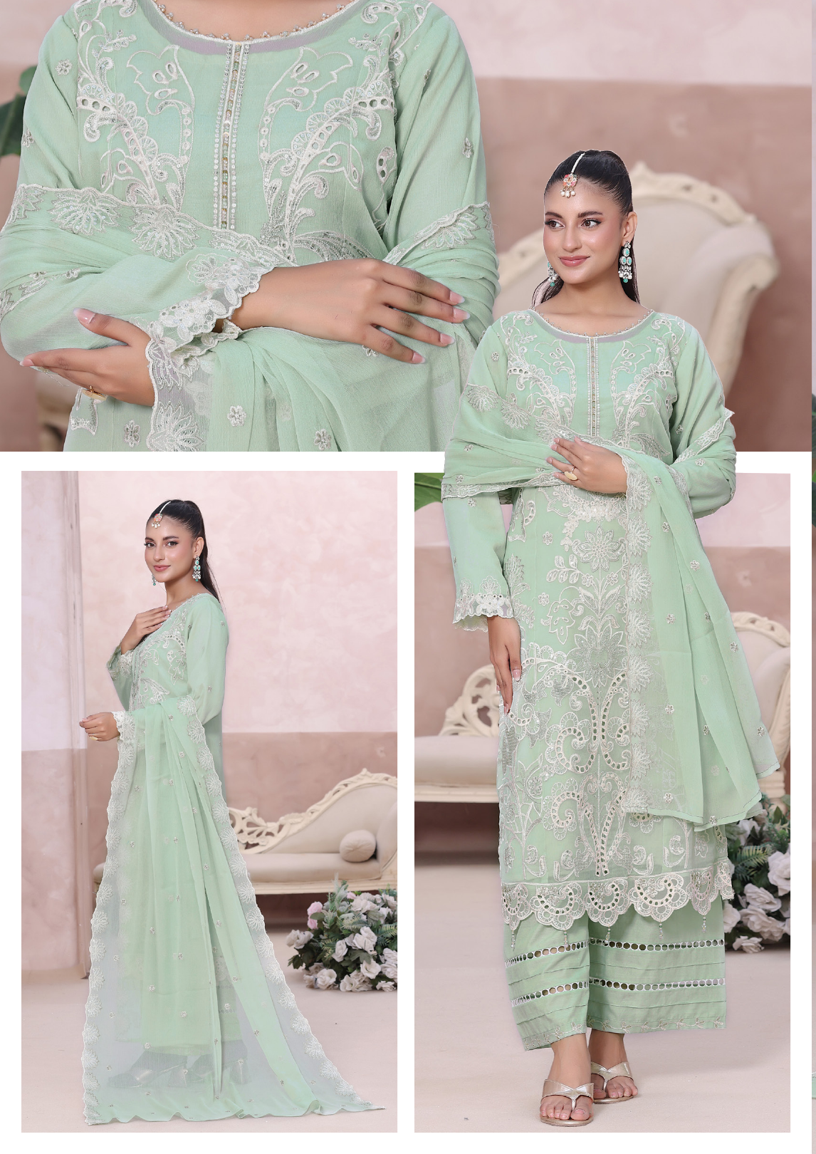 Pakistani Mahjabeen By Bin Hameed Shifoon Semi-Stitched Three Piece – Mint Sorbet