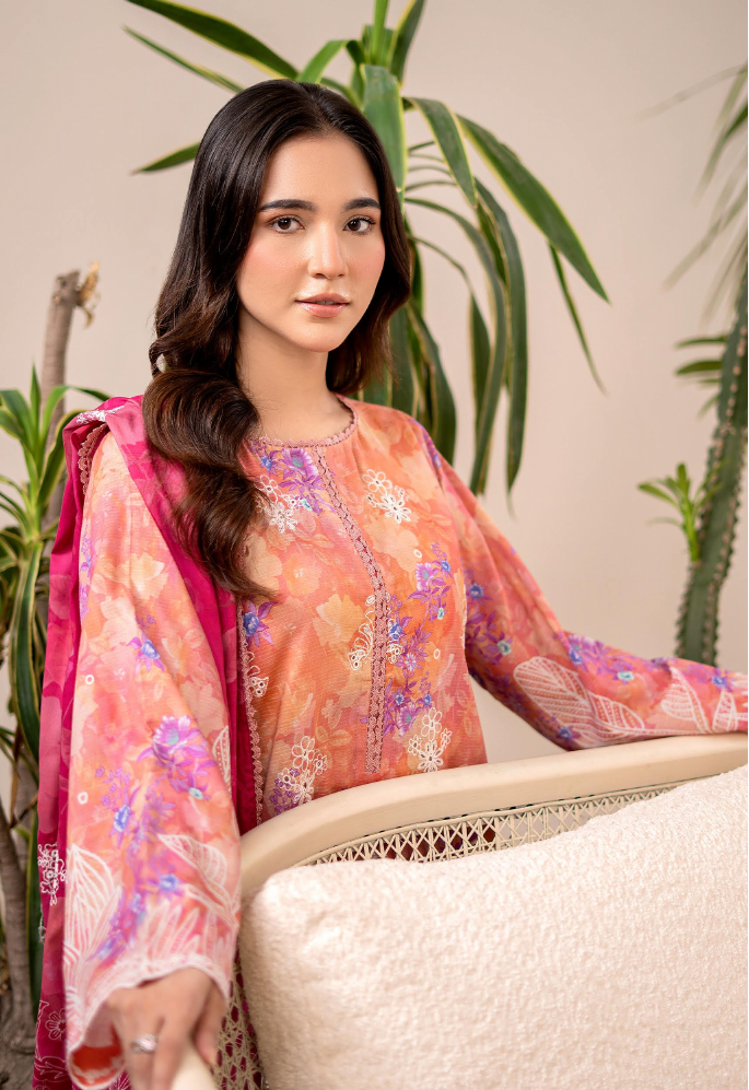 Pakistani Rang E Haya By Gulljee Unstitched Three Piece – Peach & Orange