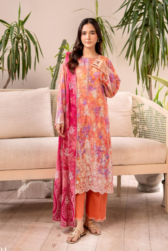 Pakistani Rang E Haya By Gulljee Unstitched Three Piece – Peach & Orange