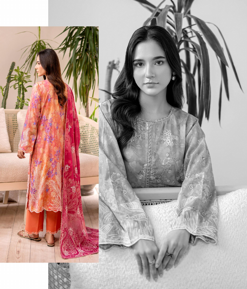 Pakistani Rang E Haya By Gulljee Unstitched Three Piece – Peach & Orange