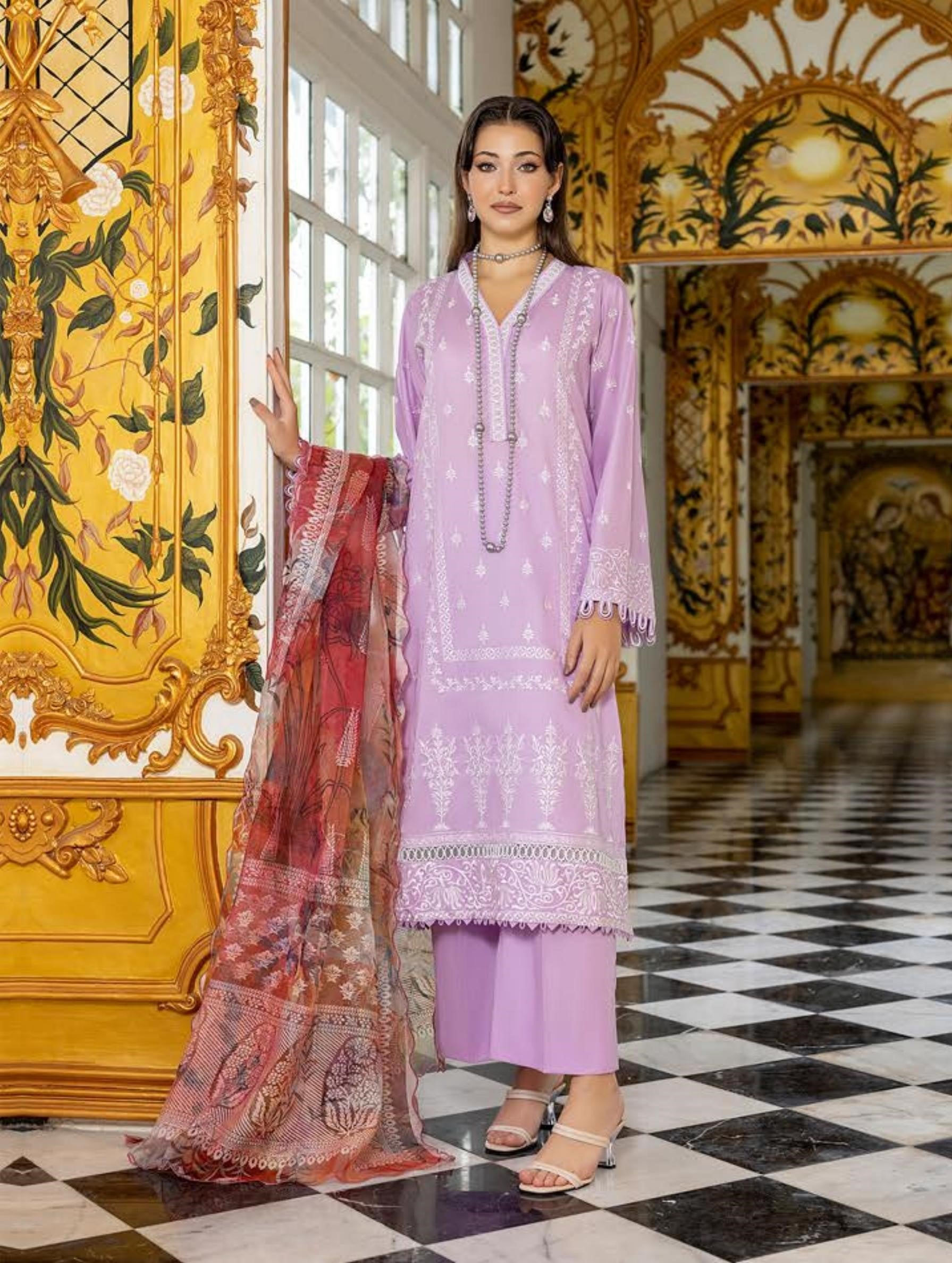 Pakistani Rocaille by Gulljee Unstitched Three Piece – Lilac Haze