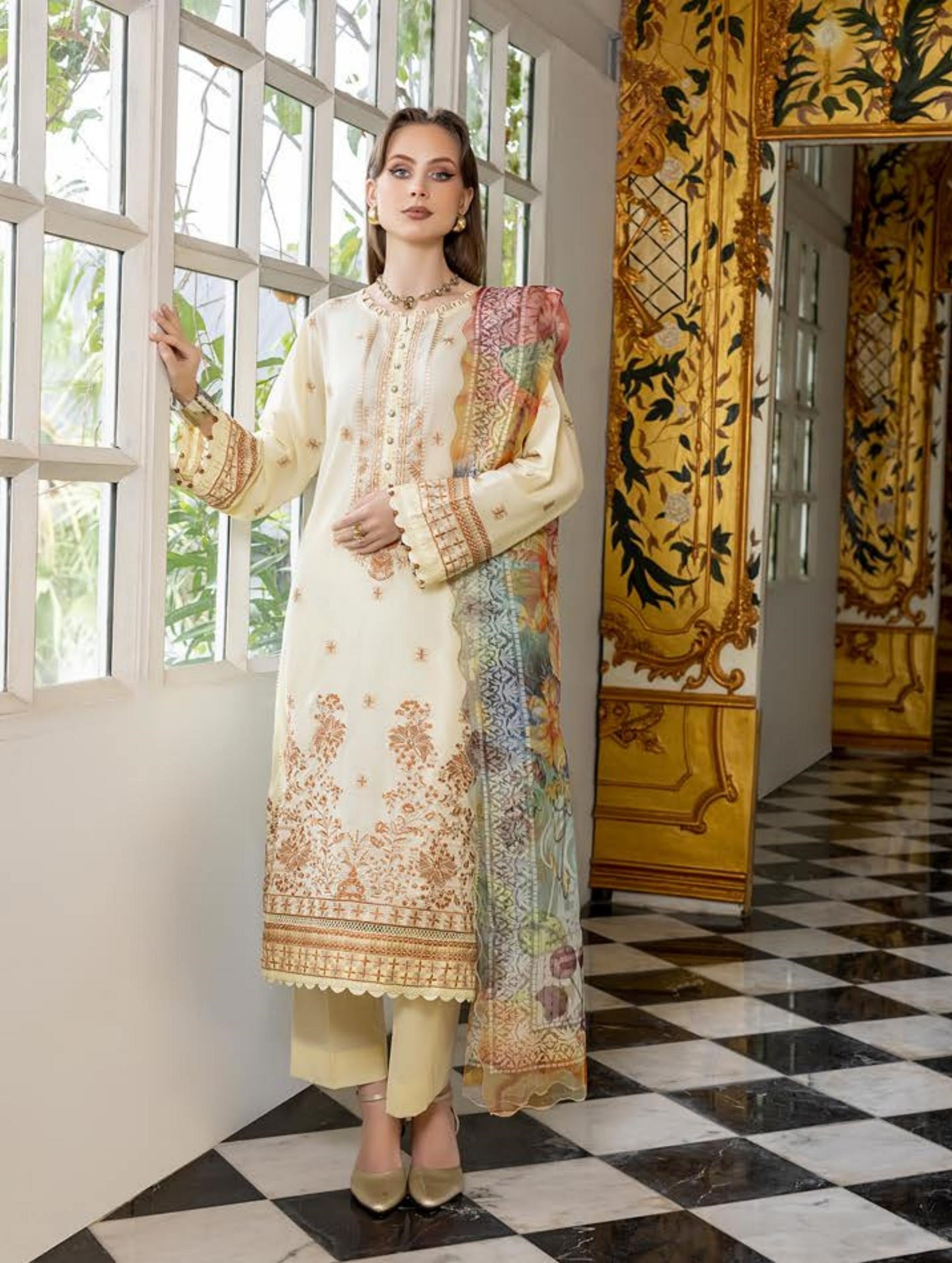 Pakistani Rocaille by Gulljee Unstitched Three Piece – Gilded Cream