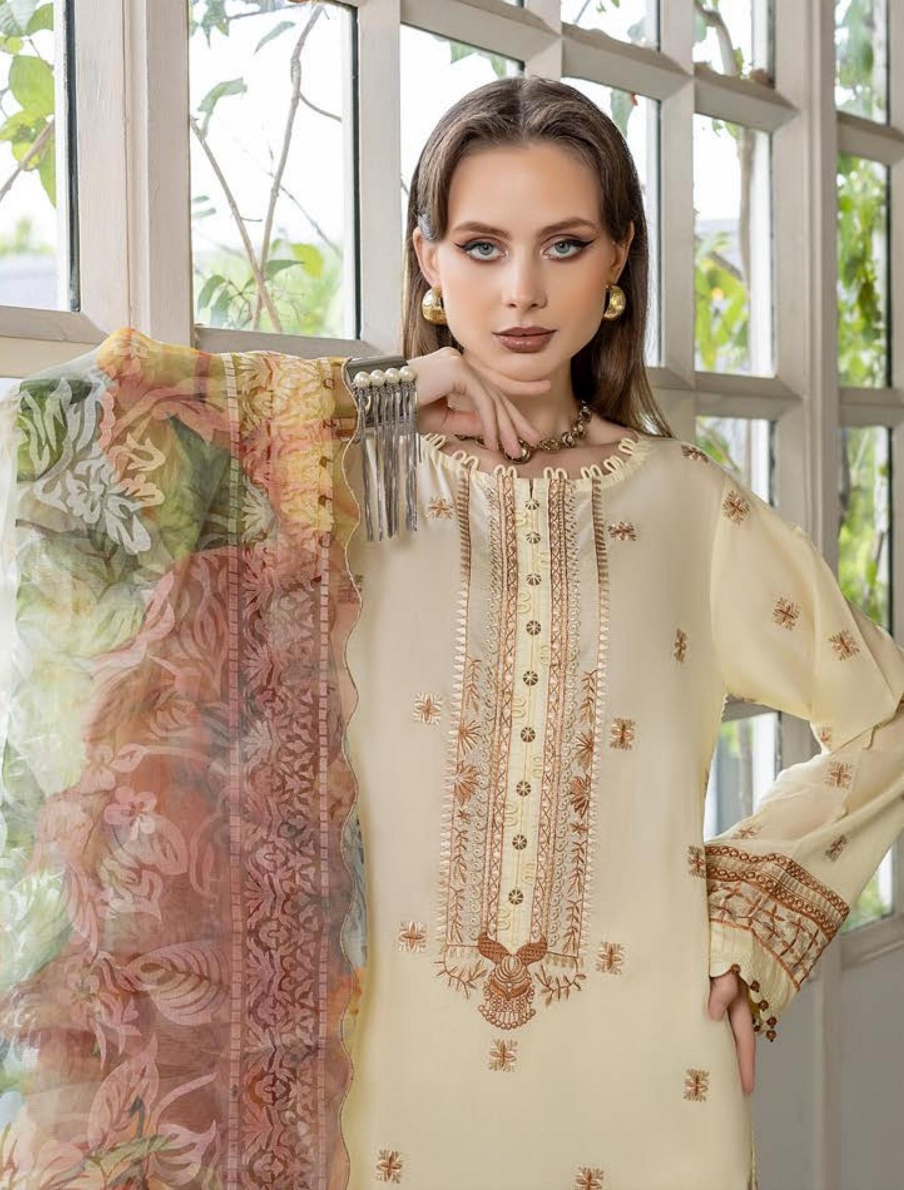 Pakistani Rocaille by Gulljee Unstitched Three Piece – Gilded Cream