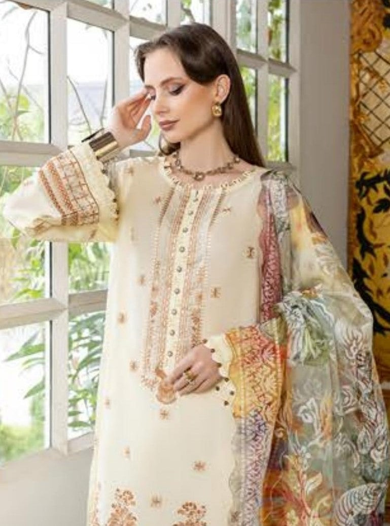 Pakistani Rocaille by Gulljee Unstitched Three Piece – Gilded Cream