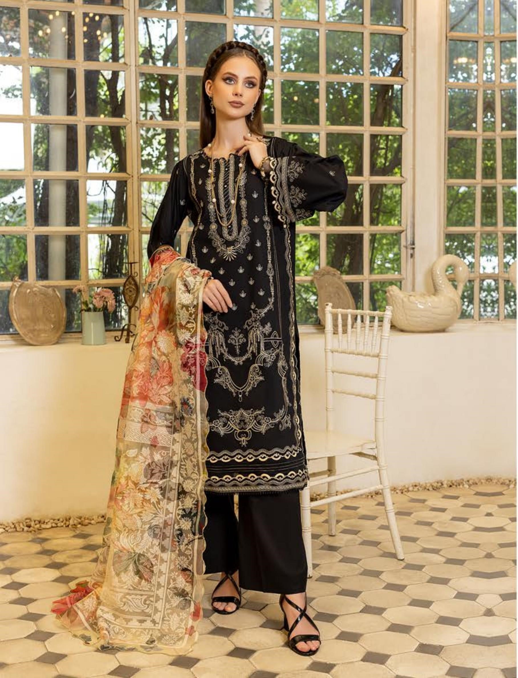 Pakistani Rocaille by Gulljee Unstitched Three Piece – Noir Elegance