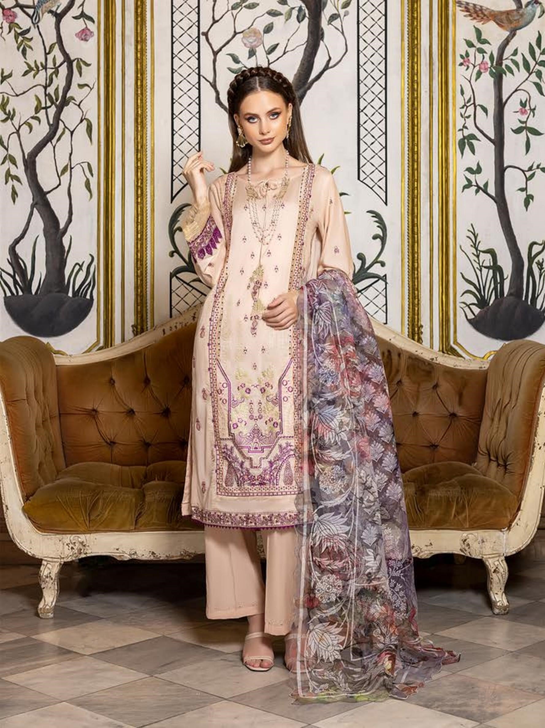 Pakistani Rocaille by Gulljee Unstitched Three Piece – Apricot Orchid