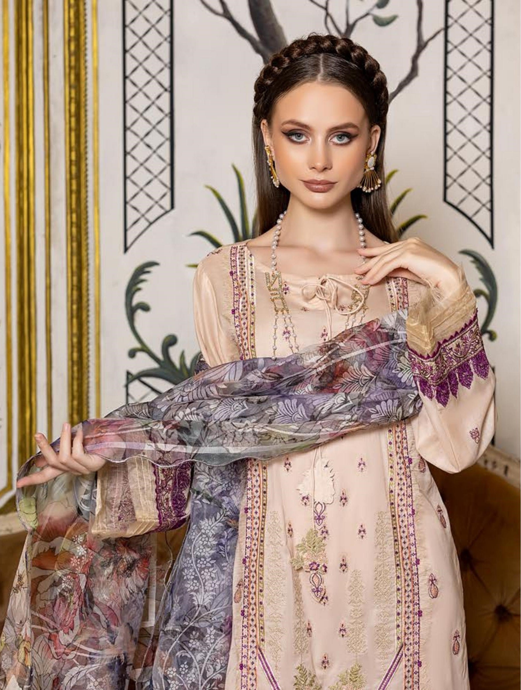 Pakistani Rocaille by Gulljee Unstitched Three Piece – Apricot Orchid