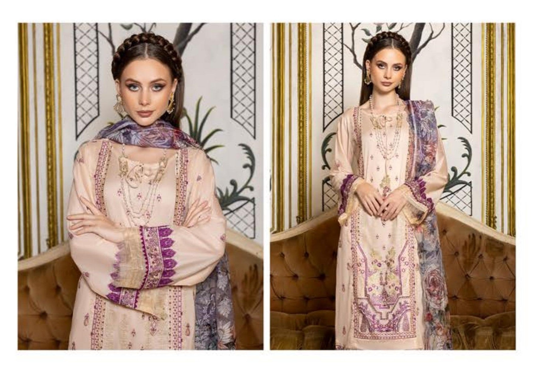 Pakistani Rocaille by Gulljee Unstitched Three Piece – Apricot Orchid