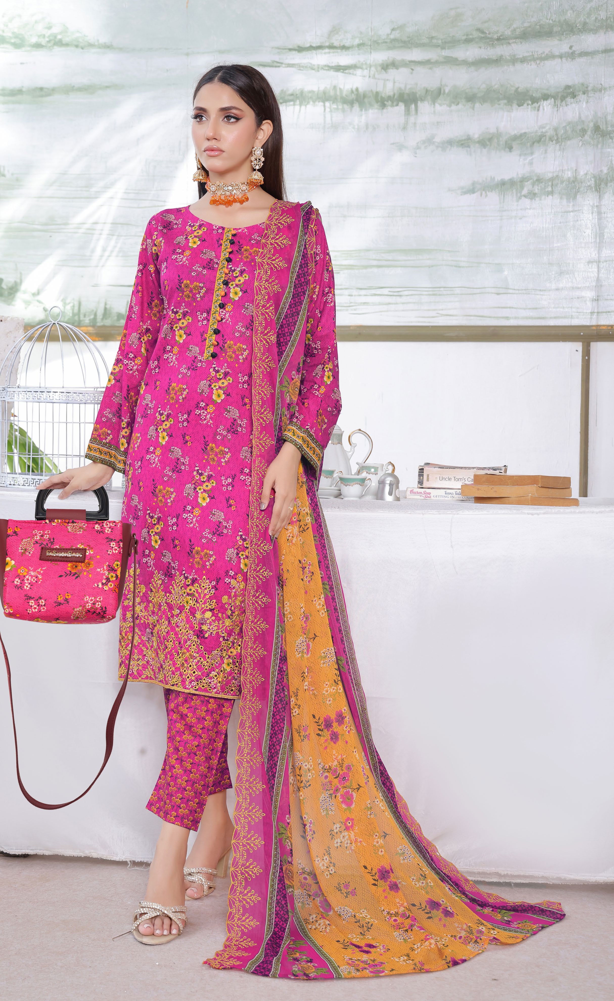 Pakistani Saba by Rana Arts Bin Hameed Unstitched Three Piece - Magenta Rose