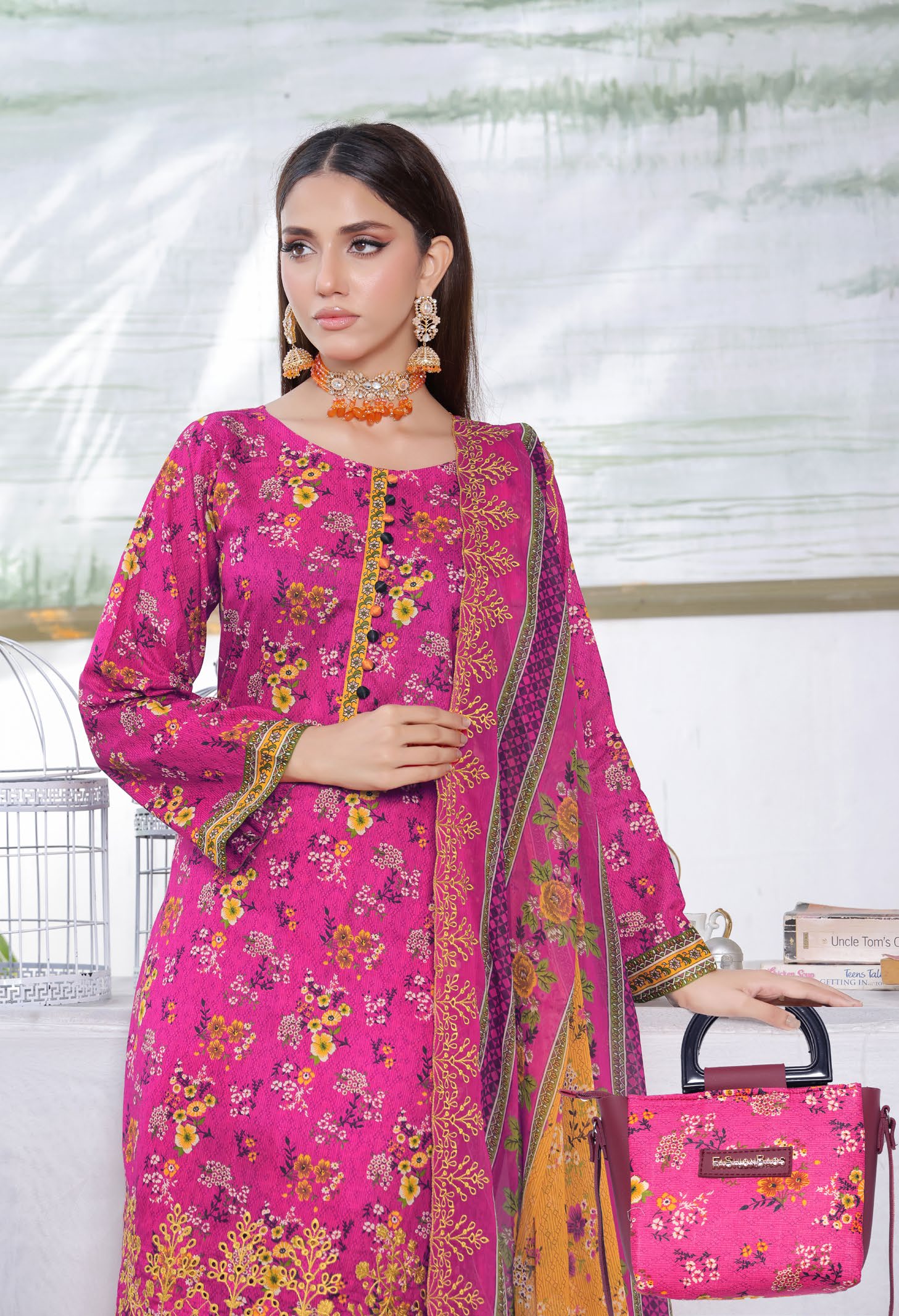 Pakistani Saba by Rana Arts Bin Hameed Unstitched Three Piece - Magenta Rose