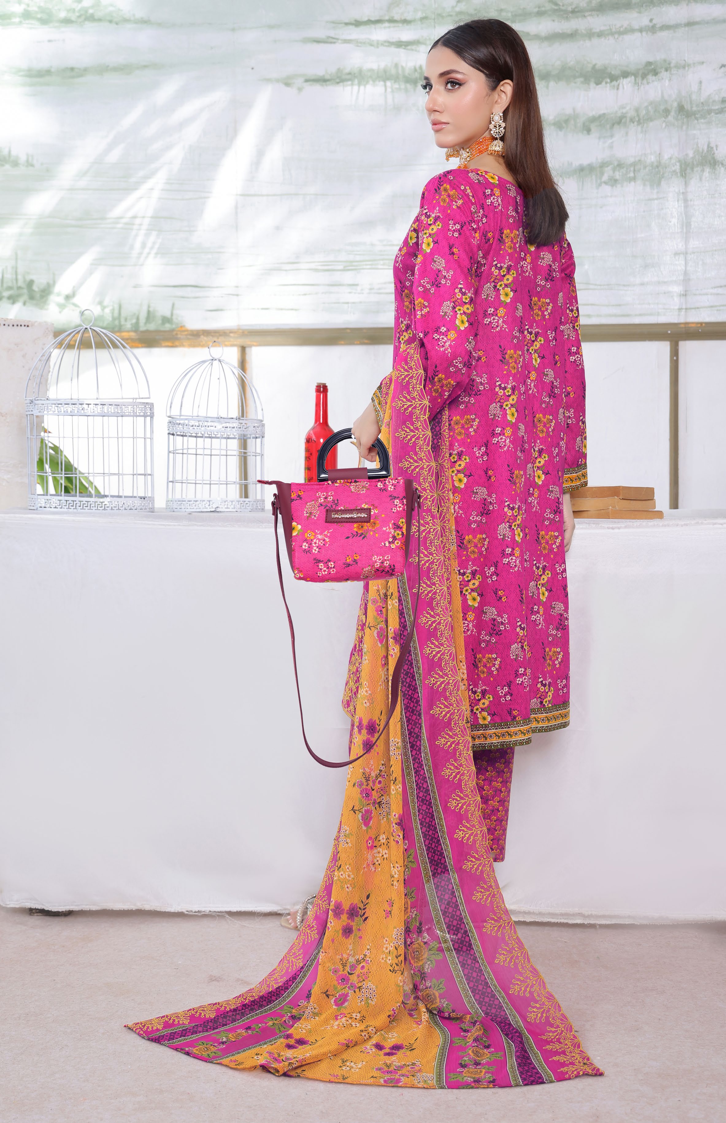 Pakistani Saba by Rana Arts Bin Hameed Unstitched Three Piece - Magenta Rose