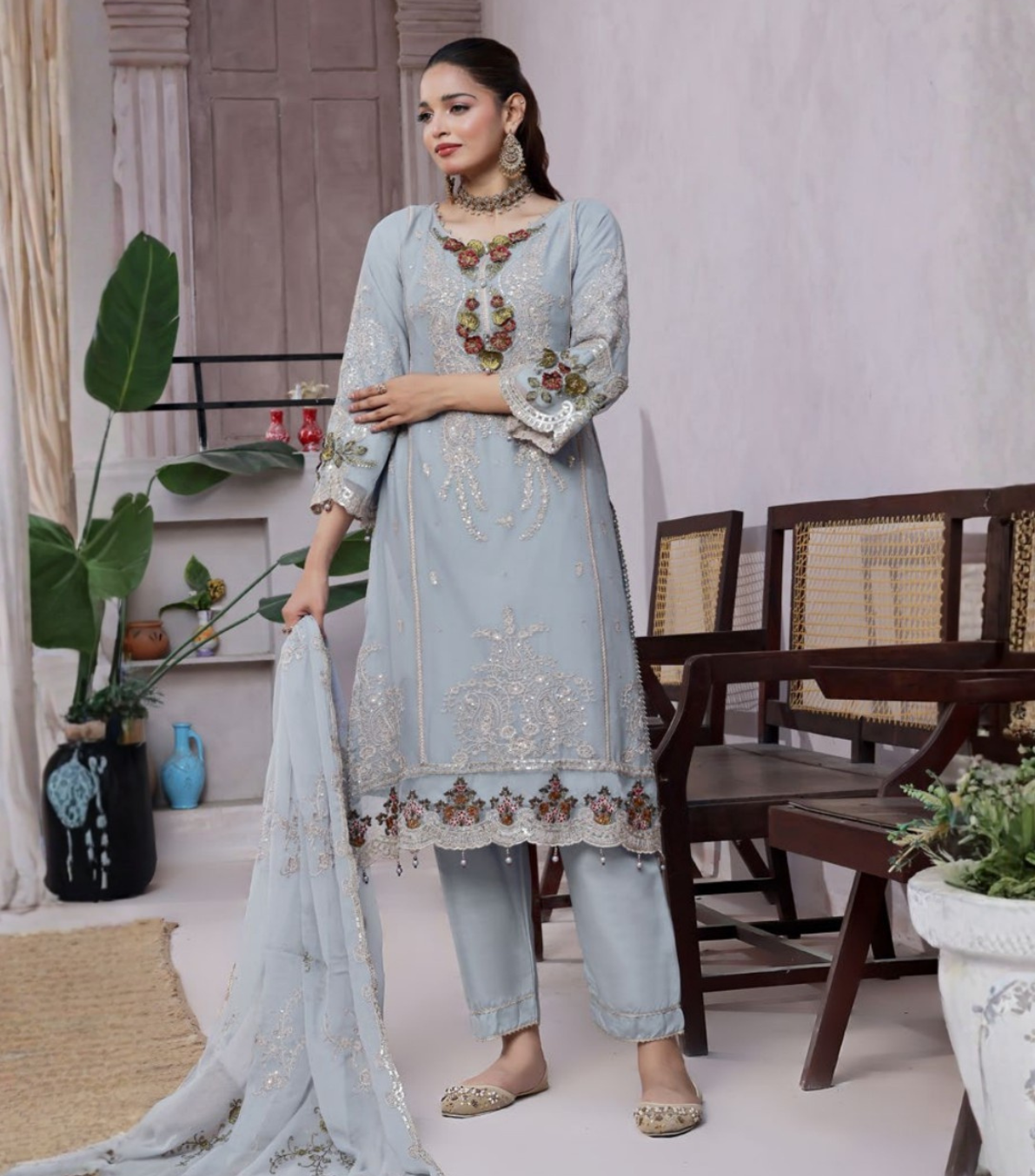 Pakistani Bin Khalid Dastaan Exclusive Chiffon Unstitched Three Piece – Sky Serenade