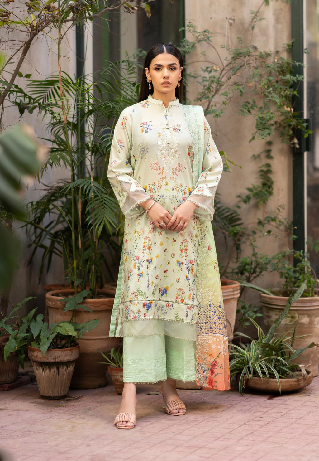 Pakistani Blossom By Gulljee Embroidery Luxury Chiffon Unstitched Three Piece - Pistachio Green