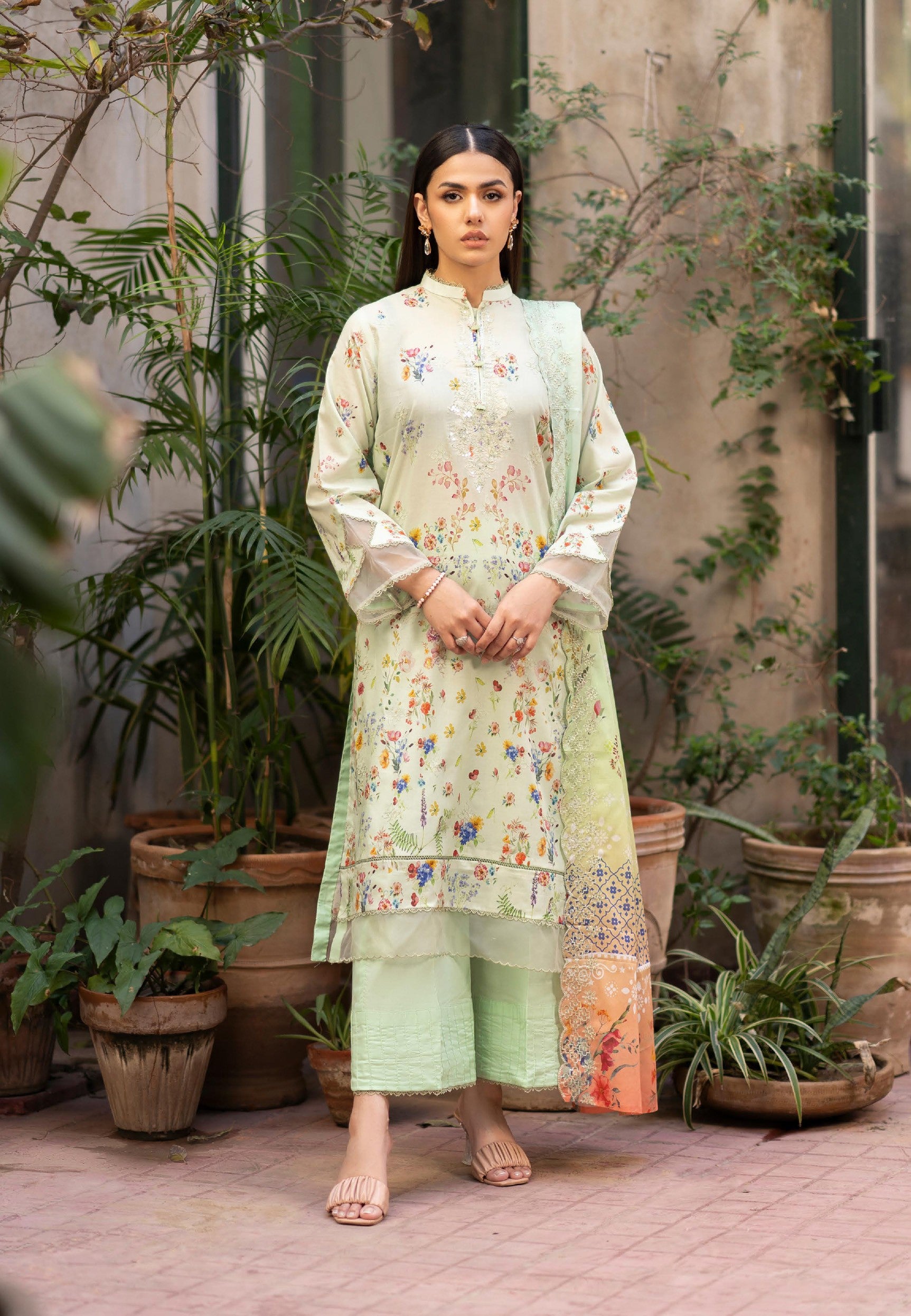 Pakistani Blossom By Gulljee Embroidery Luxury Chiffon Unstitched Three Piece - Pistachio Green