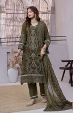 Pakistani Bin Khalid Dastaan Exclusive Chiffon Unstitched Three Piece – Olive Majesty