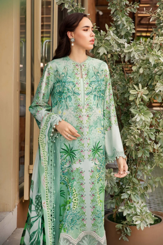 Pakistani Maria B. M-Print Luxury Lawn Unstitched Three-Piece - Mint Chrysanthemum